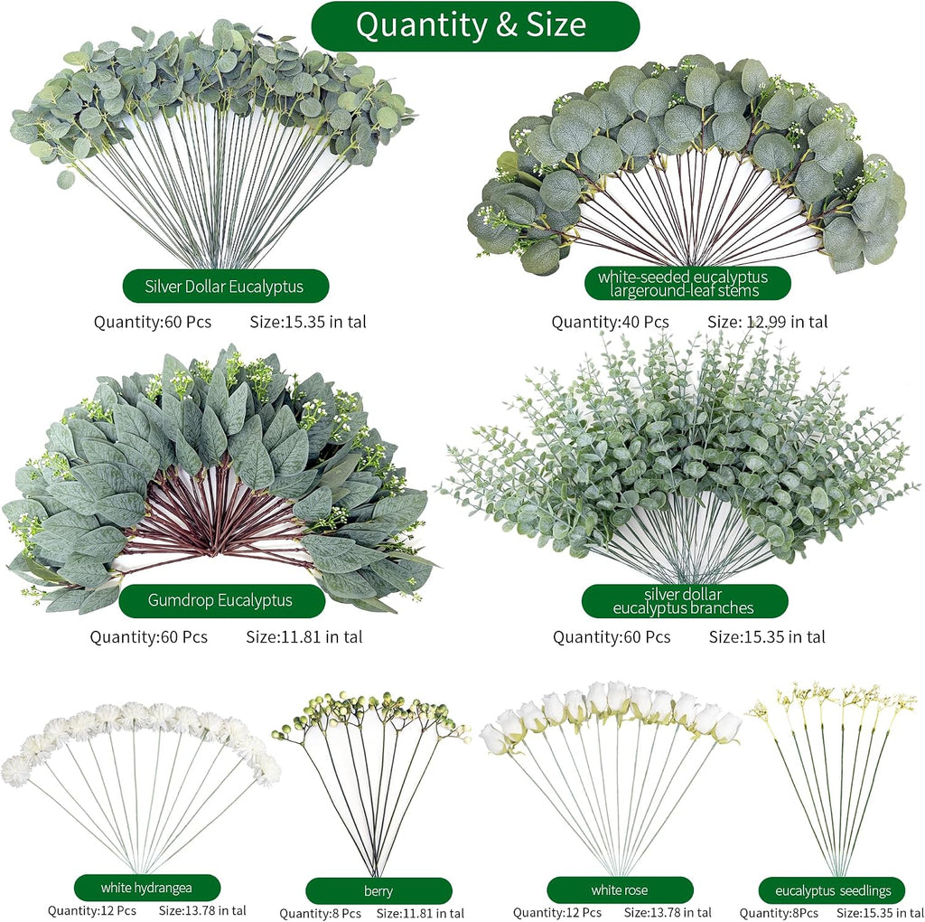 260 Pcs Mixed Eucalyptus Leaves Stems 8 Kinds Artificial Bulk Fake Silver Dollar Eucalyptus Bundle Faux Plants Greenery for DIY Wedding Vase Bouquets Floral Arrangement Engagement Decor （Green）