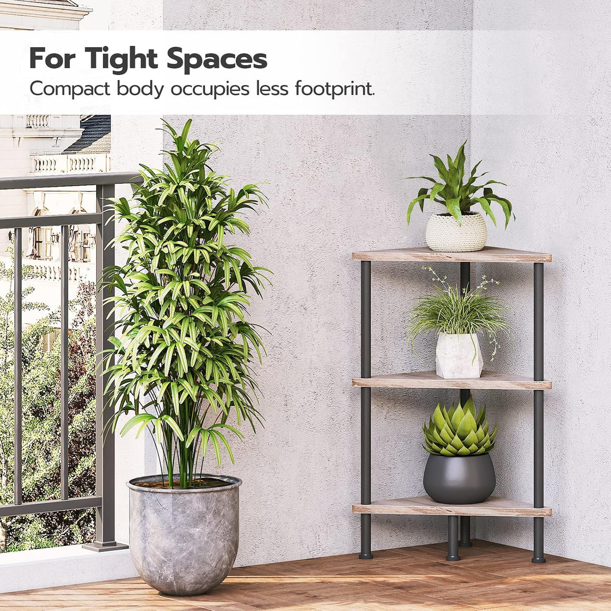 HOOBRO Corner Shelf Stand, Industrial 3-Tier Wall Corner Bookshelf with Metal Frame, Plant Display Shelf, Bookcase for Small Spaces, Living Room, Greige and Black BG30CJ01