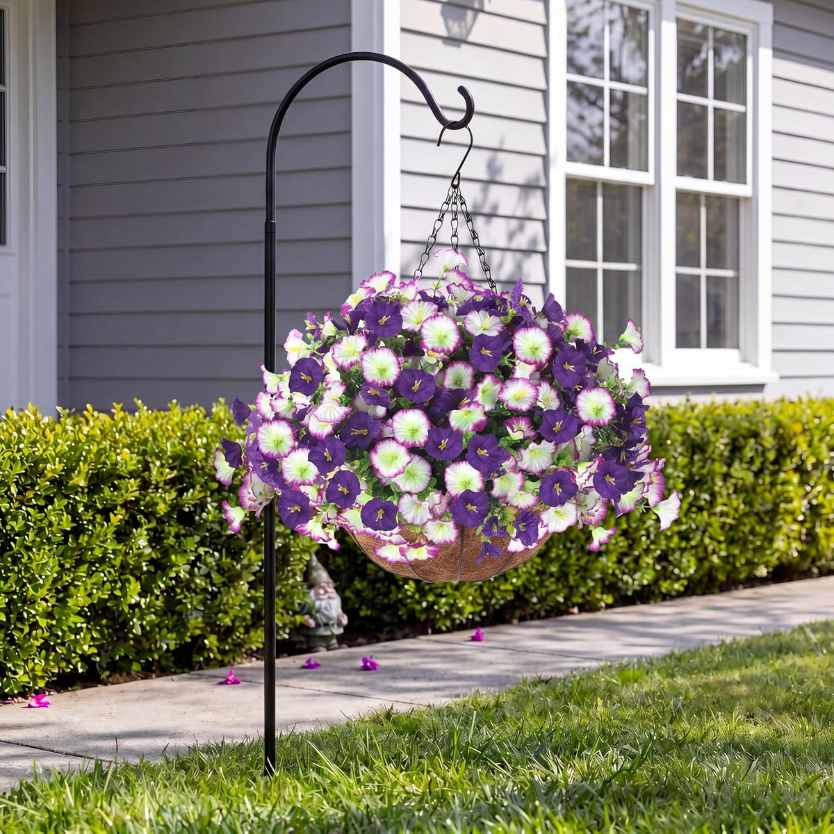 Artificial Flowers for Outdoors with Baskets Hanging Plant Faux Flowers UV Resistant Fake Silk Morning Glory with Eucalyptus for Planter Porch Garden Home Spring Summer Decoration(Gradient Purple)