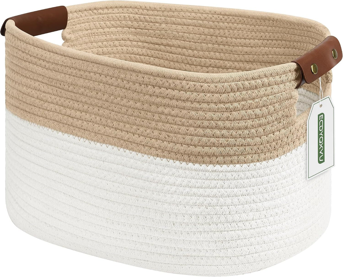 ECDYQXVU 15x10x9 Woven Cotton Rope Storage Basket, Leather Handles 1 Pack