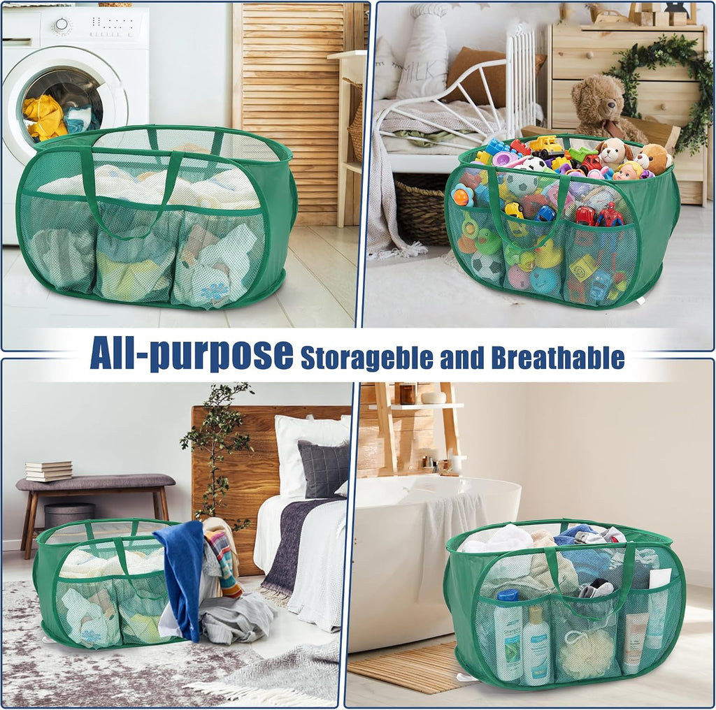 2 Pack Collapsible Laundry Baskets, Upgrade Pop Up Laundry Hamper with Convenient Bags, Foldable Laundry Basket Mesh Light Weight, Easy to Carry Clothes Hampers for Laundry, Dorm, Toys, Travel Green