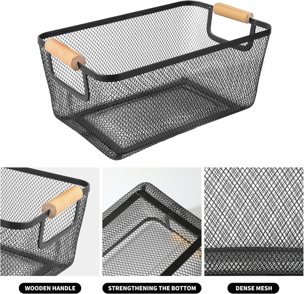 2 Pack 12" Wide Metal Mesh Baskets with Bamboo Handles for Pantry Organization | Wire Storage Bins for Kitchen, Cabinet, Fruit & Snacks | Decorative Farmhouse Style Organizer