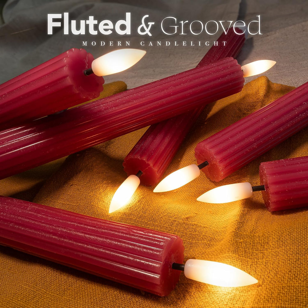 10" Fluted Ribbed LED Pink Grooved Real Wax Taper Candles, Remote & 24h Timer Memory, On/Off Switch - Flameless Dimmable Battery Operated w/Flicker Mode, Home Wedding Decor (6 Pack)