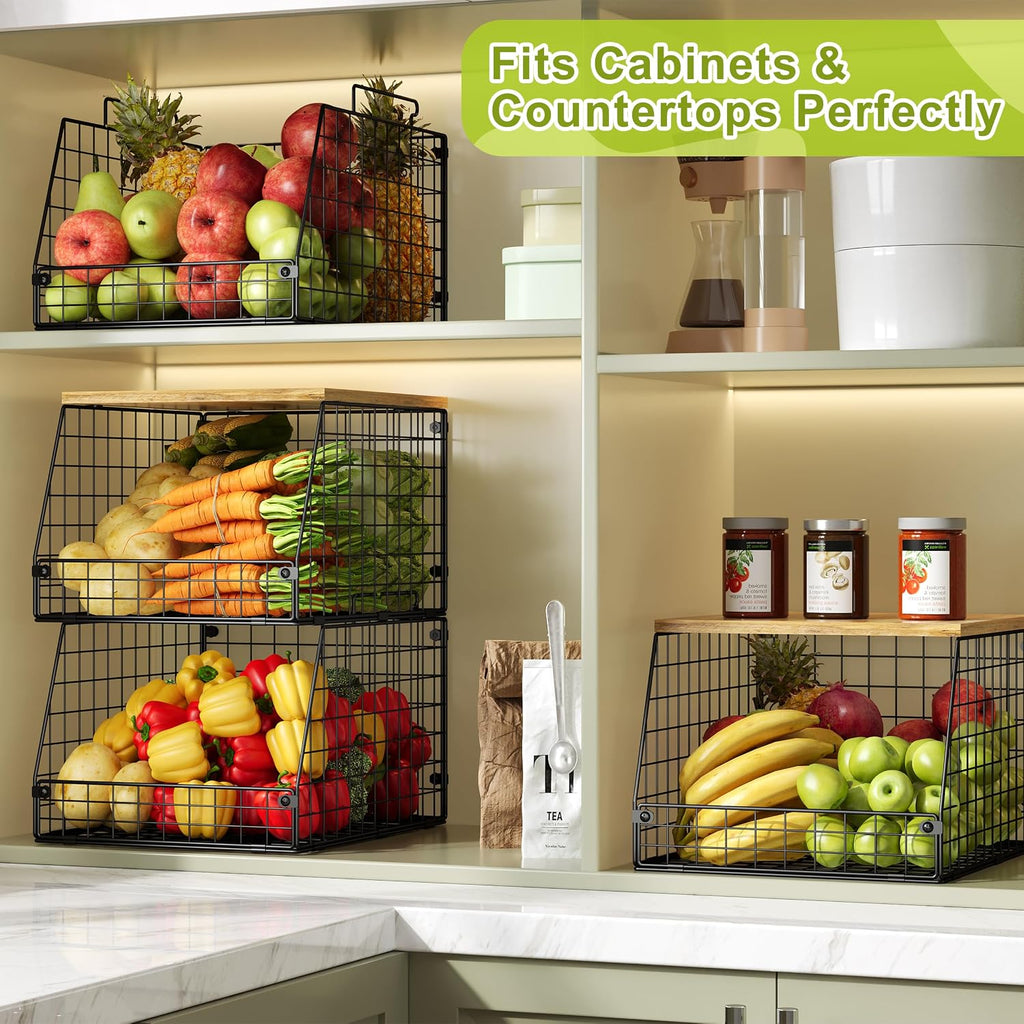 Jakyitvi 4 Pack Stackable Wire Baskets with Fixed Wooden Top, Vegetable Fruit Storage Bins for Onion Potato Snack, Pantry Baskets for Kitchen Cabinet Countertop, Pantry Organizers and Storage Rack