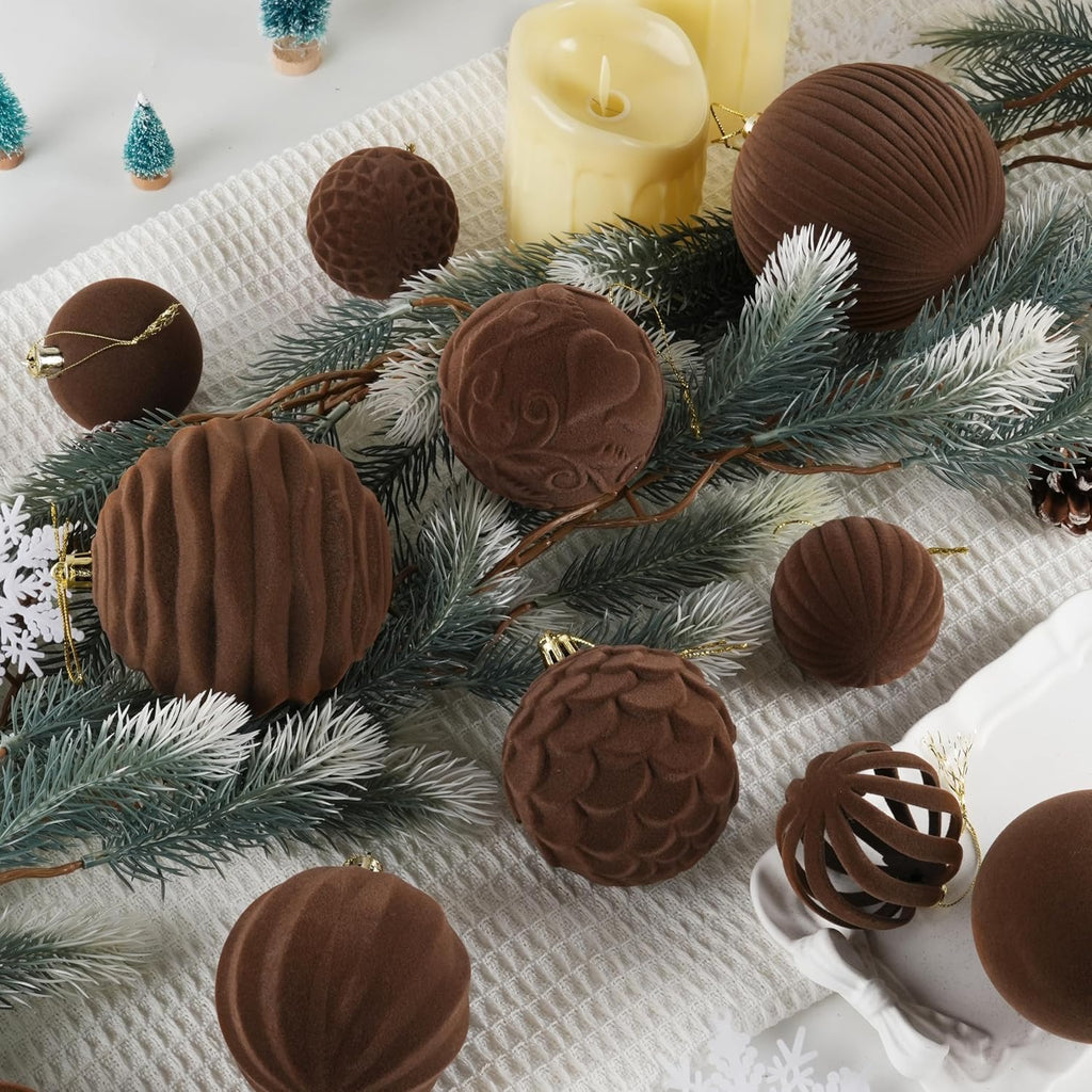 18Pcs Velvet Christmas Tree Ornaments Set, Brown Flocked Hanging Christmas Balls Ornaments, Shatterproof Decorative Hanging Balls Vintage Decorations Assortment for Xmas Tree Holiday Home Party Decor