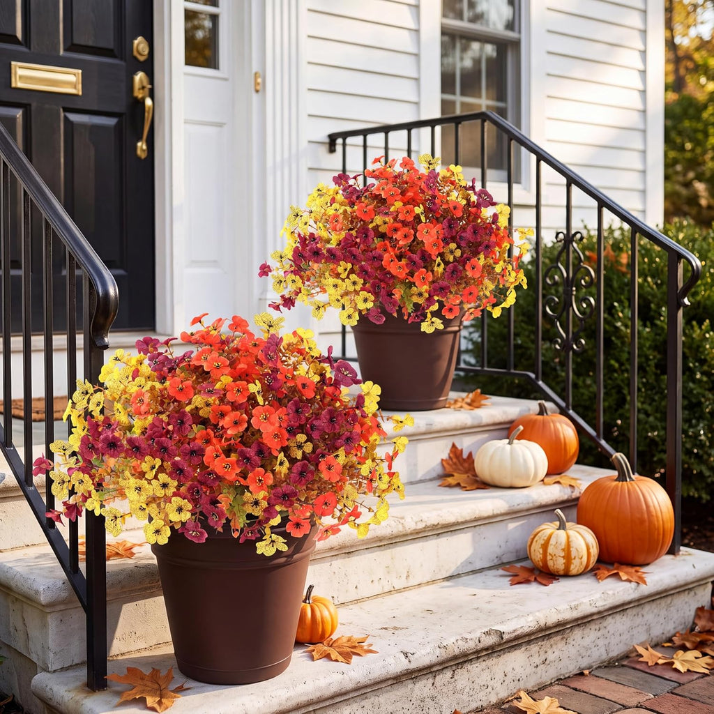 Sggvecsy Artificial Flowers for Outdoors 12 Bundles Realistic Faux Plants Fake Silk UV Resistant Flower for Boxwood Planter Patio Porch Outside Decoration(Orange Yellow Burgundy)