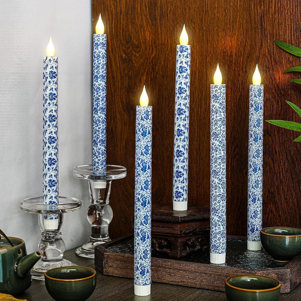 6 Pcs Blue and White Chinoiserie Flameless Candles – 10.6 Inch Porcelain Style Taper Candlesticks, Battery Operated LED Blue Candles for Wedding, Home & Table Centerpiece Decor