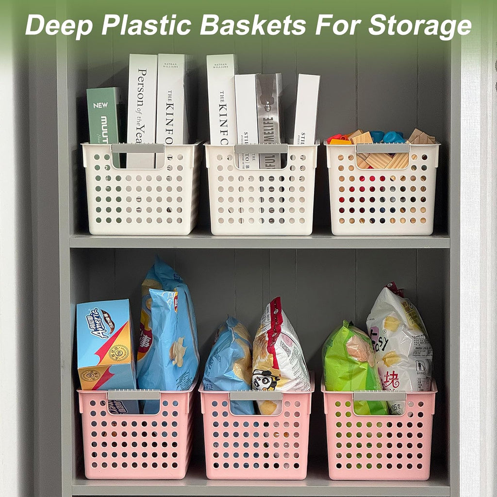 Soddeph 4 Pack Plastic Storage Basket with Handles, Small Deep Organizer Bin with Hollow Design for Under Counter, Shelf, Closet, Kitchen or Bathroom (White, Small)
