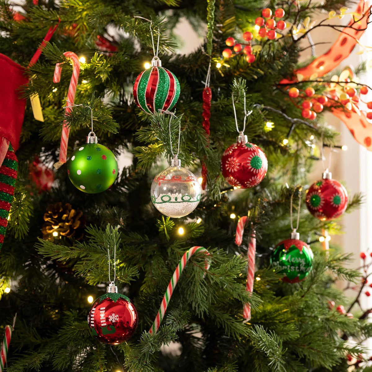 Valery Madelyn Christmas Tree Ornaments Set, 16ct Elf Red Green White Shatterproof Christmas Tree Decorations Bulk, 2.36 Inch Decorative Hanging Ball Ornaments for Xmas Trees Holiday Party Decor