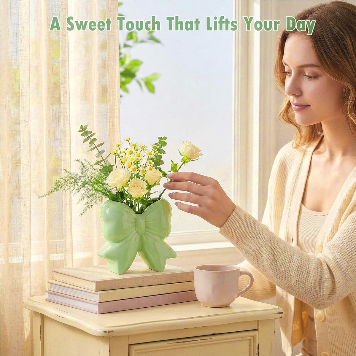 Sage Green Bow Toothbrush Holder, Ceramic Makeup Brush Holder for Bathroom