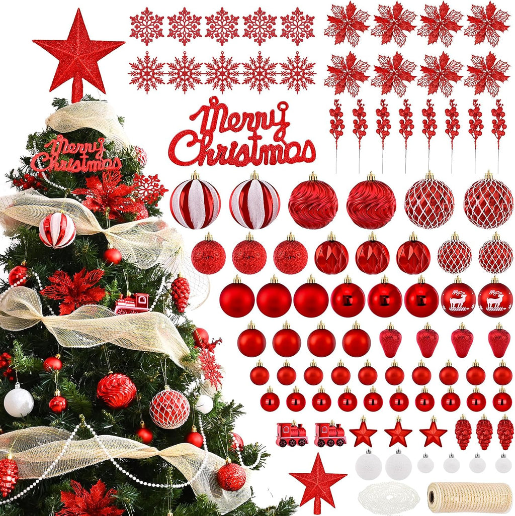 Ktinnead 94 Pcs Christmas Tree Decorations Set, Red Shatterproof Christmas Tree Hanging Ball Ornaments with Glitter Poinsettia Flowers Decorations Berries Snowflakes for Xmas Party Holiday Wedding