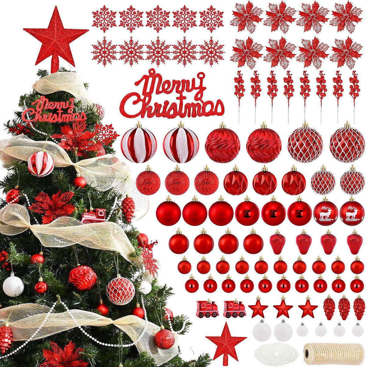 Ktinnead 94 Pcs Christmas Tree Decorations Set, Red Shatterproof Christmas Tree Hanging Ball Ornaments with Glitter Poinsettia Flowers Decorations Berries Snowflakes for Xmas Party Holiday Wedding