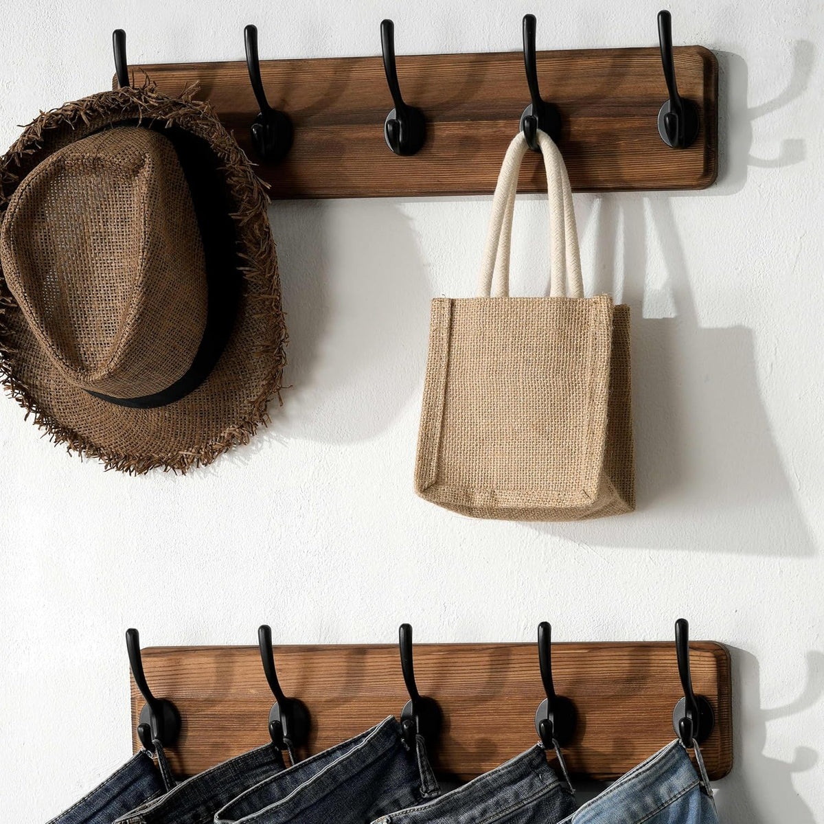 SKOLOO Rustic Coat Rack Wall Mount, 5 Hooks, 17 Inch, Solid Wood, Brown