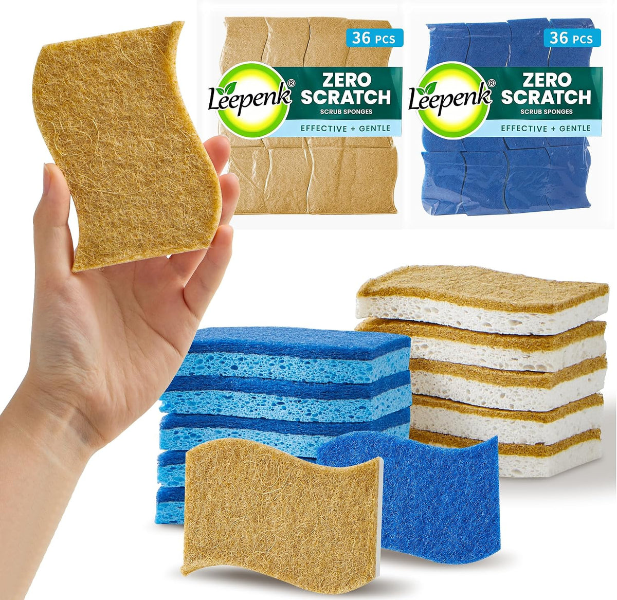 LEEPENK 72 PCS Non-Scratch Scrub Sponges,36 PCS Brown and 36 PCS Blue Kitchen Sponges for Cleaning,72 Dish Sponges for Kitchen Around the Home Bathroom & More, Non Scratch Scrub Dish Sponge for Dishes