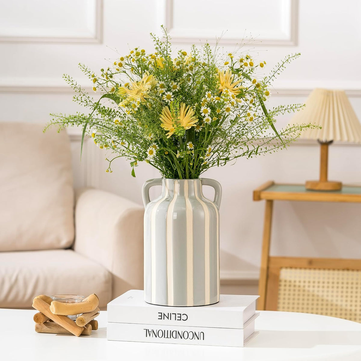SURE YUESI Grey Ceramic Vase with Handles, Modern Farmhouse Striped Decorative Vase, 9.1" Art Deco Tall Flower Vases for Pampas Grass, Shelf Decor, Dining Table Centerpiece, Living Room Home Decor