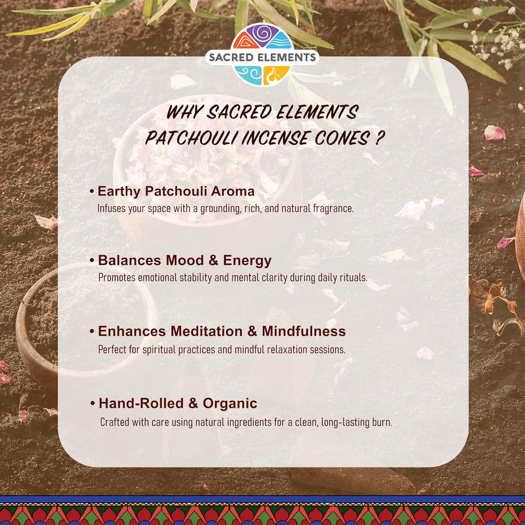 Sacred Elements Organic Incense Cones – Patchouli Scent (Pack of 4) | Natural Aromatherapy for Relaxation & Mood Balance | Handcrafted, Low Smoke, Long-Lasting Fragrance for Home Use