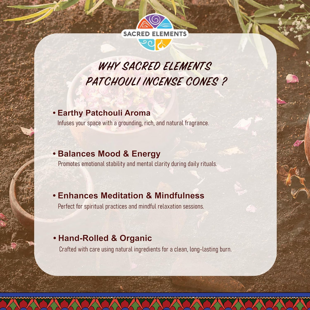 Sacred Elements Organic Incense Cones – Patchouli Scent (Pack of 4) | Natural Aromatherapy for Relaxation & Mood Balance | Handcrafted, Low Smoke, Long-Lasting Fragrance for Home Use