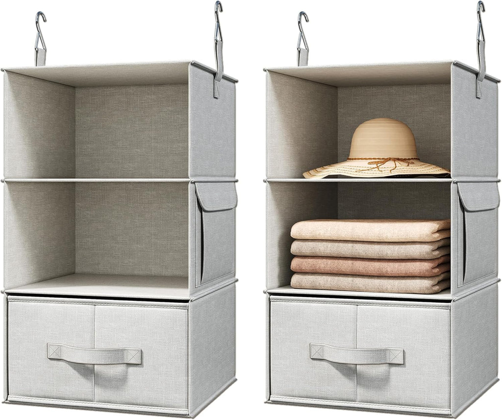 2 Pack 3-Shelf Hanging Closet Organizer with 2 Drawers, Silver Gray
