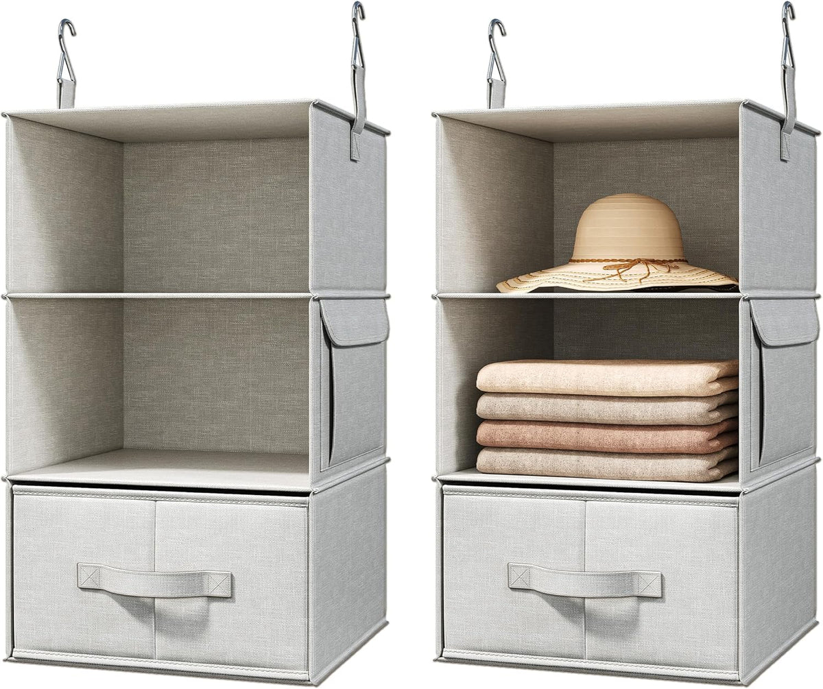 2 Pack 3-Shelf Hanging Closet Organizer with 2 Drawers, Silver Gray