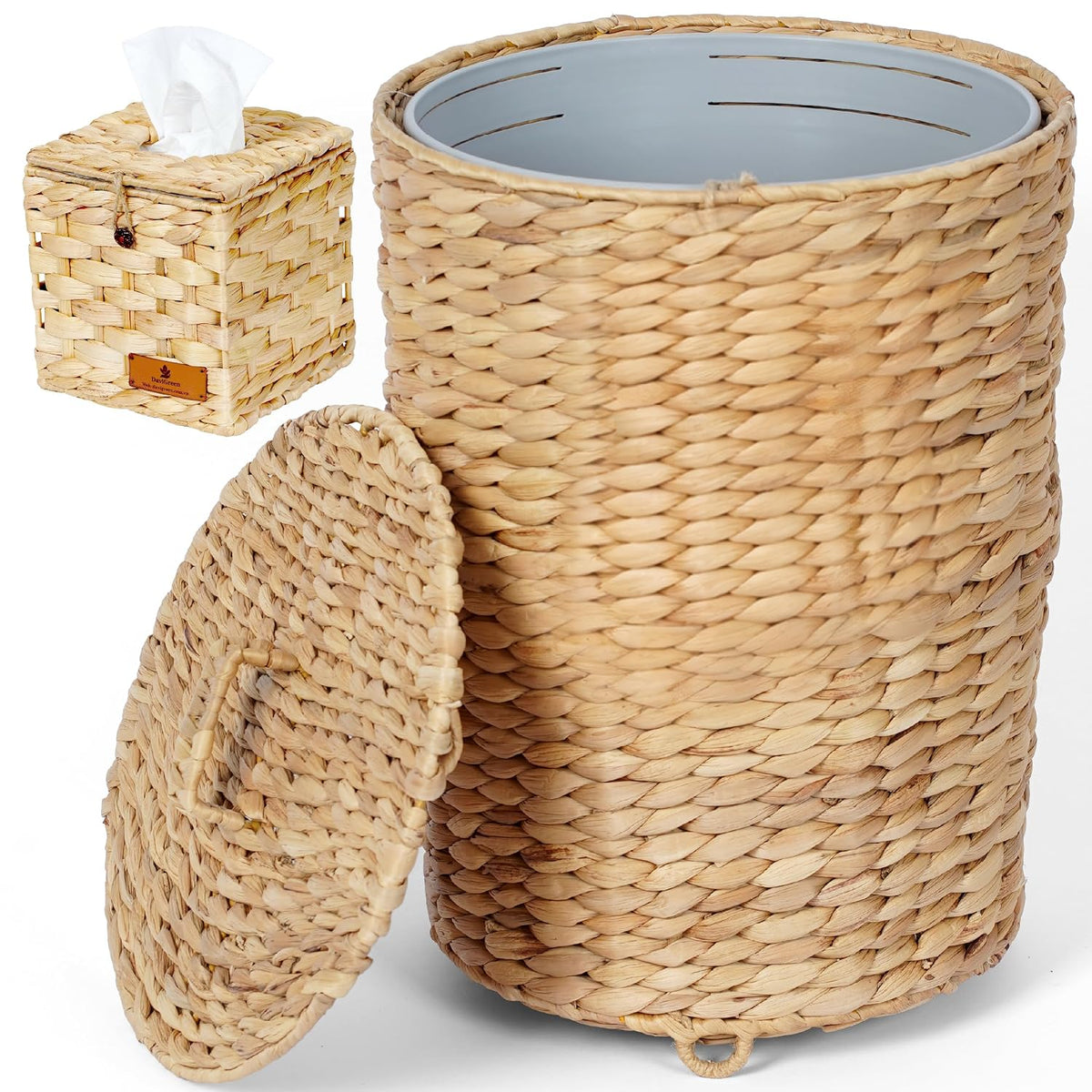Wicker Trash Can with Lid, 3 Gallon Bathroom Trash can with Liner & Raised feet, Handwoven Water Hyacinth Waste Basket with Tissue Box, Decorative Trash can for Bedroom, Kitchen, Office