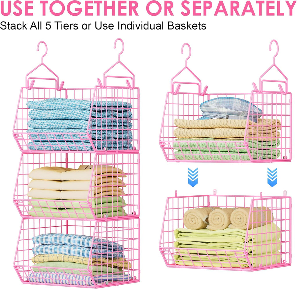 5 Tier Closet Hanging Organizer, Clothes Hanging Shelves with 4 Hanging Hooks 5 S Hooks, Wire Storage Basket Bins, for Clothing Sweaters Shoes Handbags Clutches Accessories Patent Design-Pink