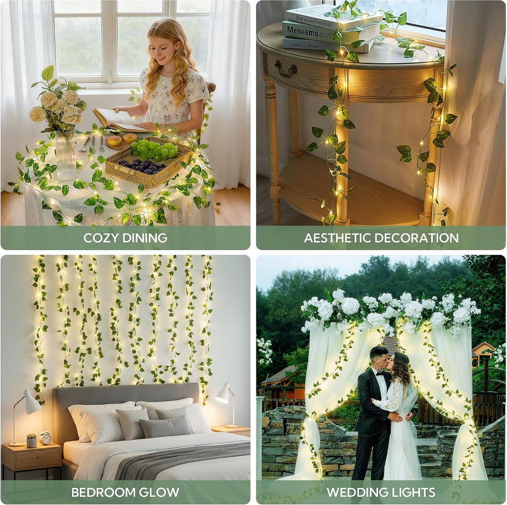 HEYFUNi 23ft Pre-Wrapped Pothos Vine with Fairy Lights USB Battery Operated