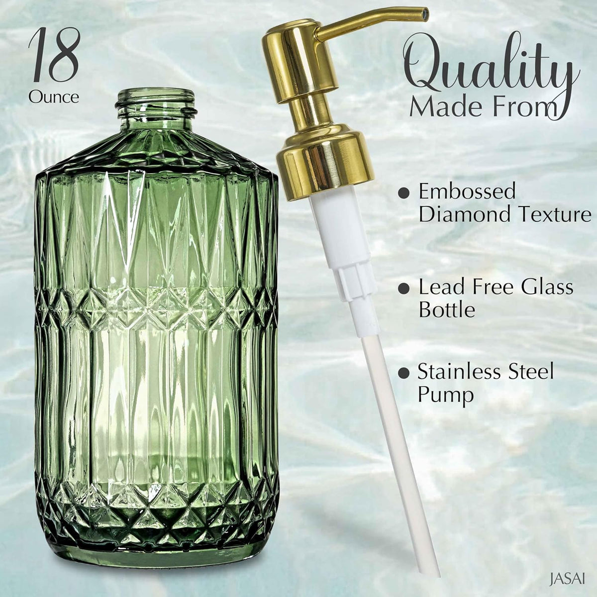 JASAI 2Pack 18Oz Green Glass Soap Dispenser with Gold Rust Proof Pump