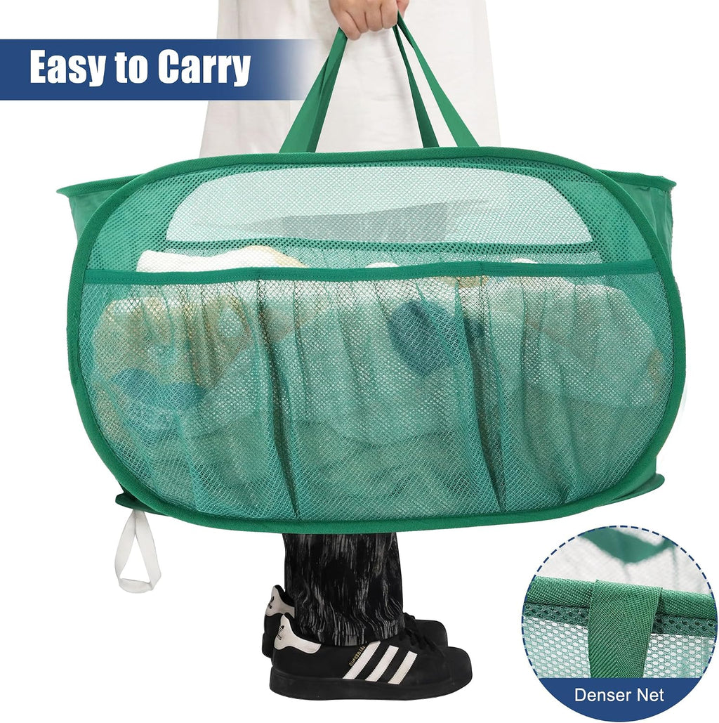 2 Pack Collapsible Laundry Baskets, Upgrade Pop Up Laundry Hamper with Convenient Bags, Foldable Laundry Basket Mesh Light Weight, Easy to Carry Clothes Hampers for Laundry, Dorm, Toys, Travel Green