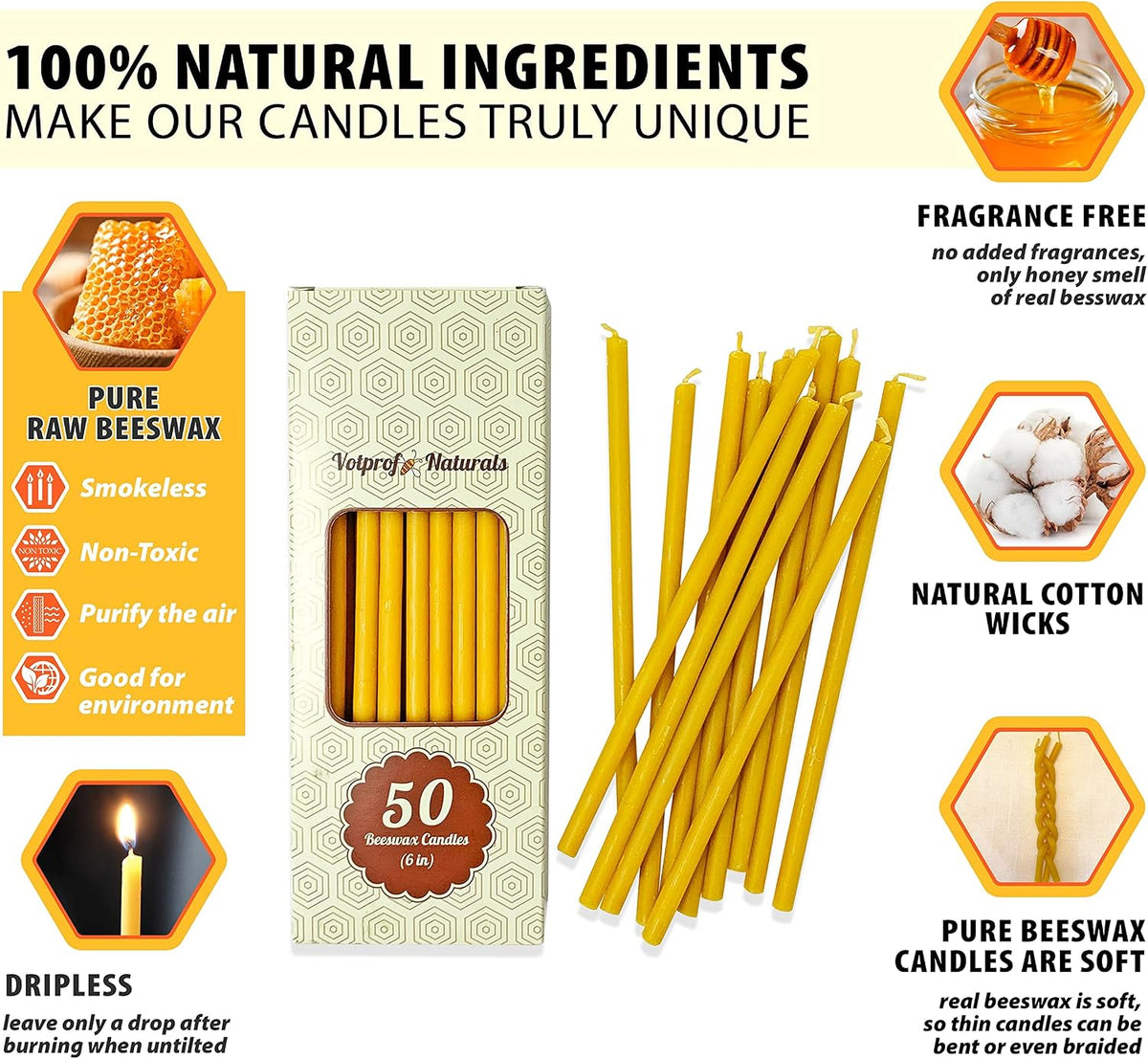 50 Natural 100% Pure Raw Beeswax Taper Candles (6") Honey Scent Birthday Cake, Dripless, Smokeless, Nontoxic, Cotton Wick