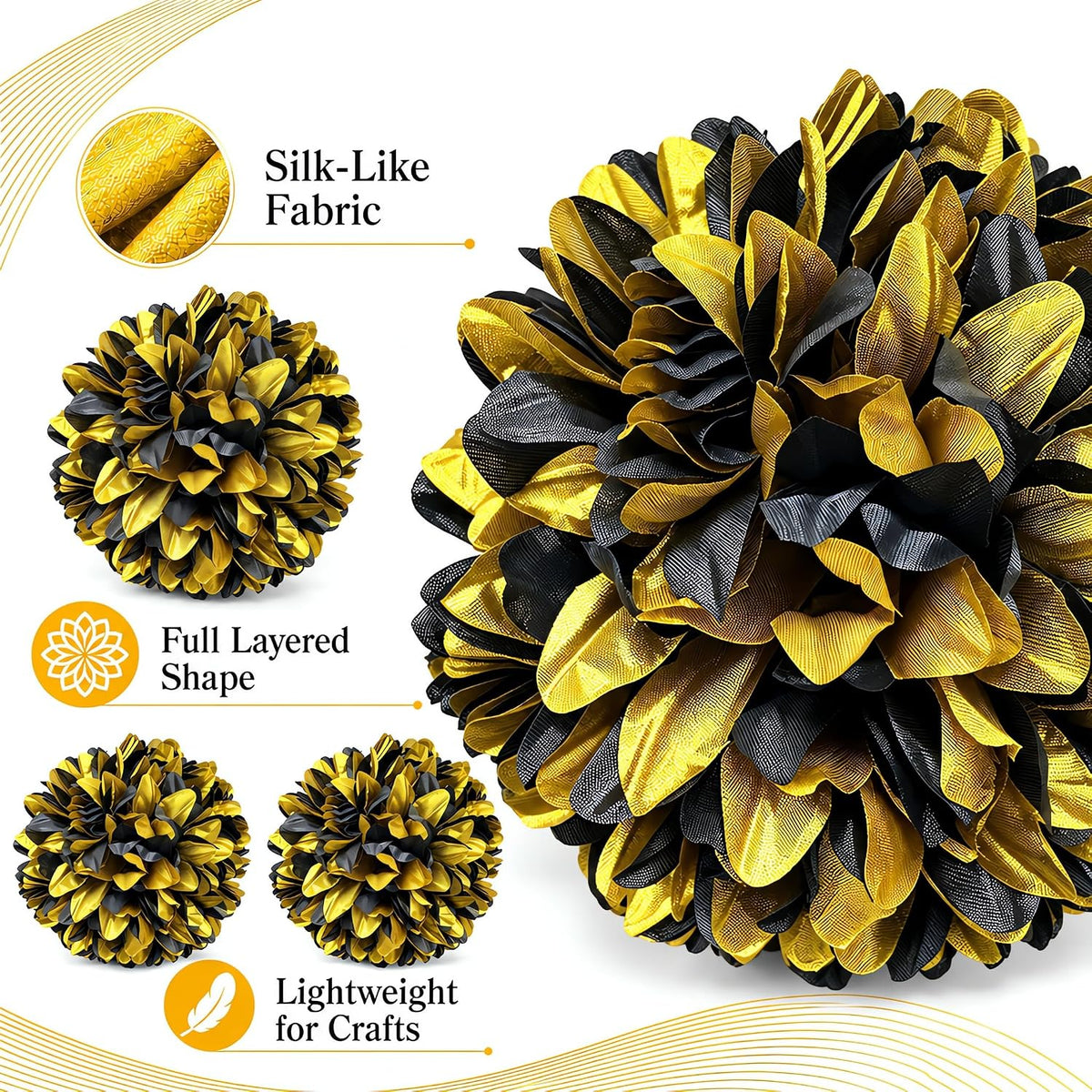 3Pcs Black and Gold Homecoming Mum Flowers, 6.5 Inch Artificial Mum Flowers