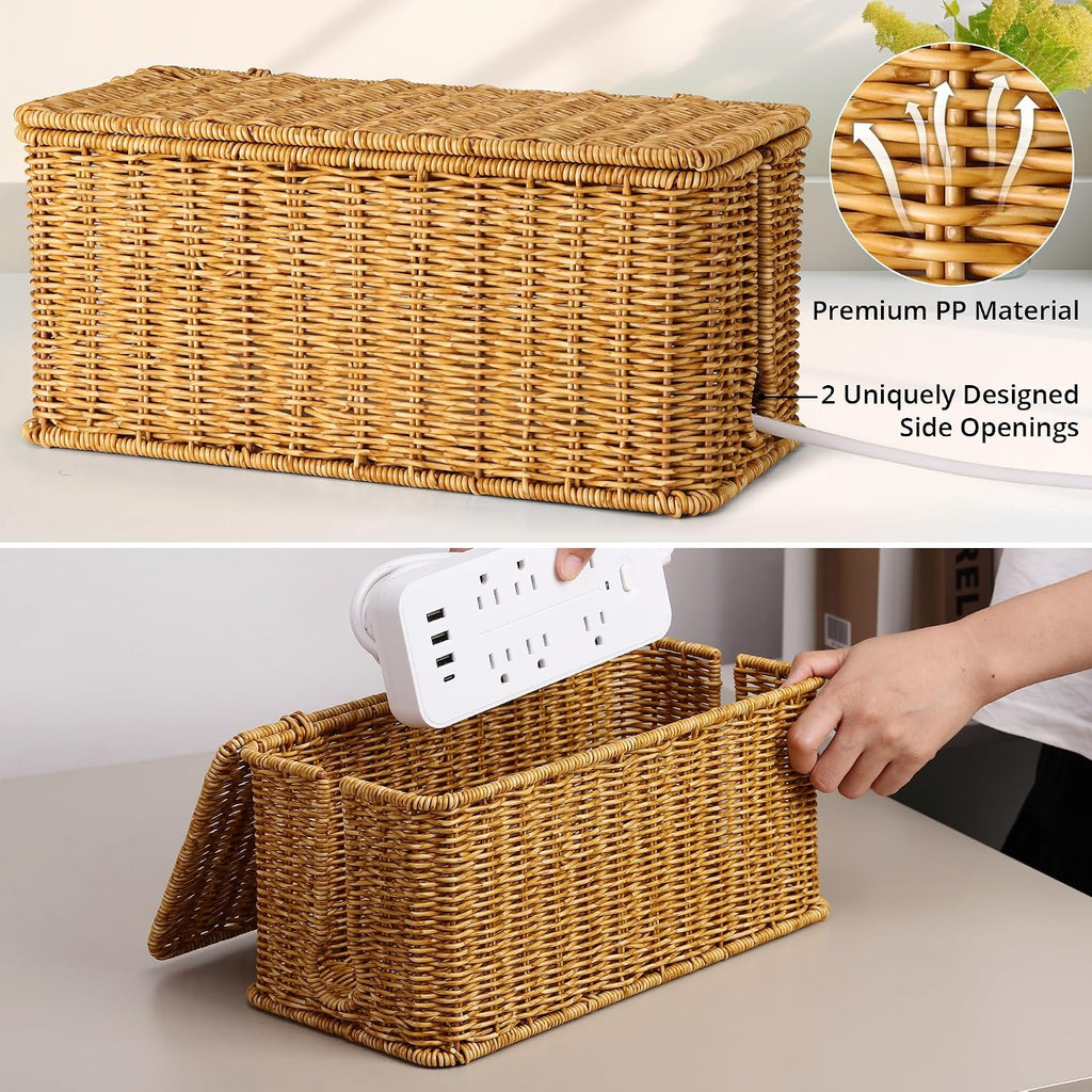 ZhiYo Rattan Cable Management Box, Cord Organizer, Nature, 12.5"x5"x5.2"