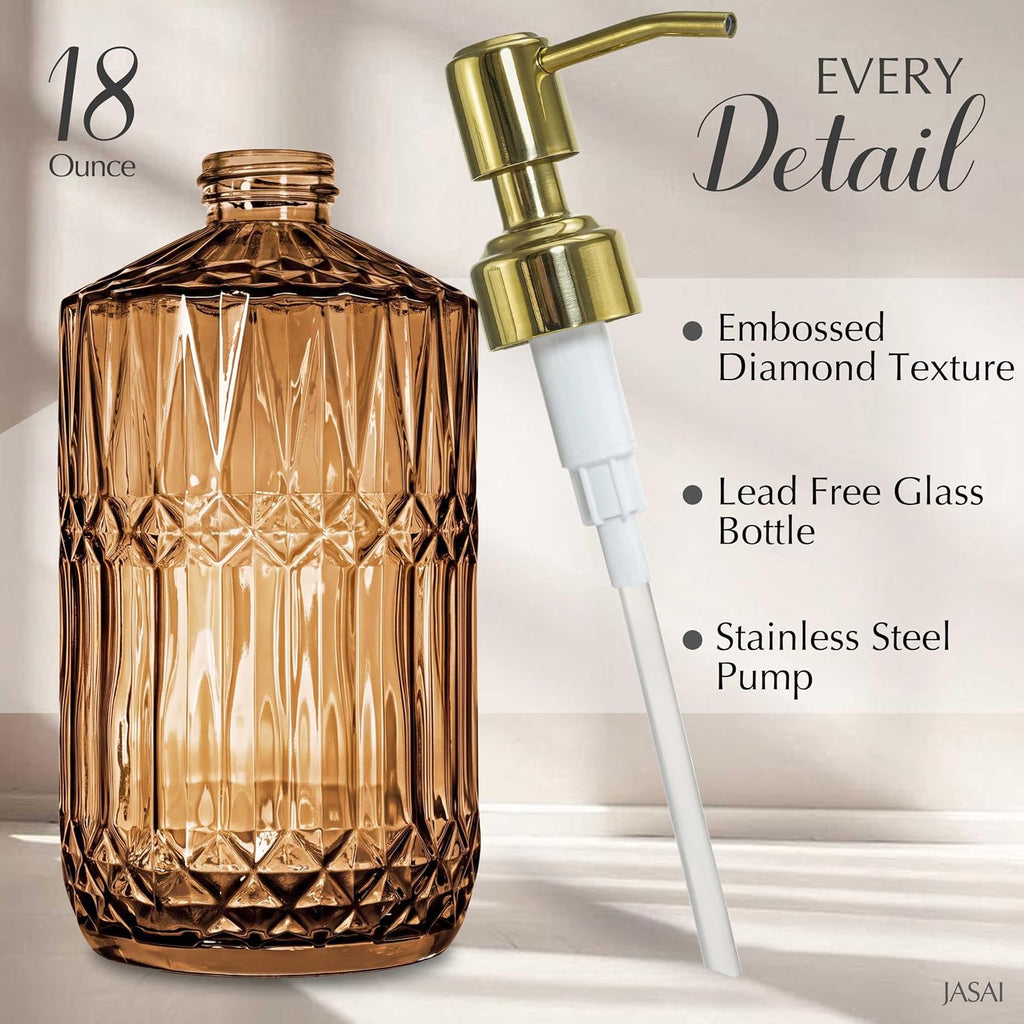 JASAI 18Oz Amber Glass Soap Dispenser with Gold RustProof Pump for Bathroom
