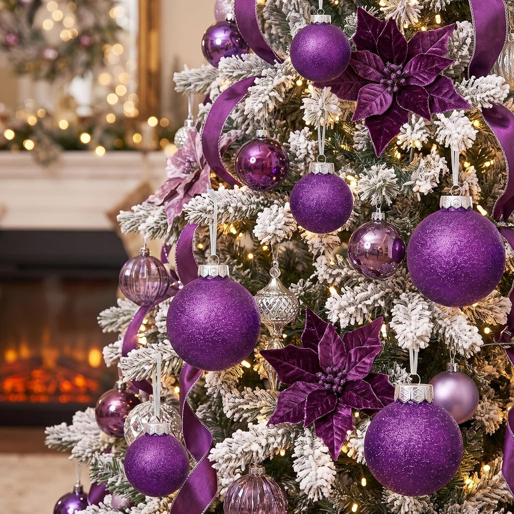 Purple Christmas Ornaments Ball Set for Tree Decor, Glitter