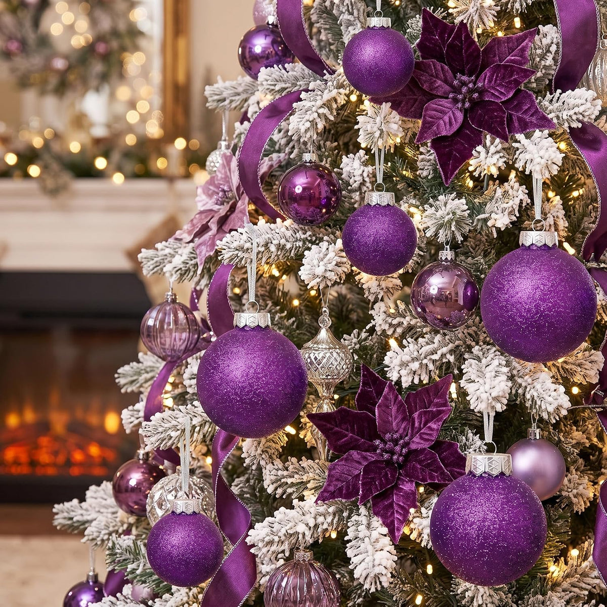 Purple Christmas Ornaments Ball Set for Tree Decor, Glitter