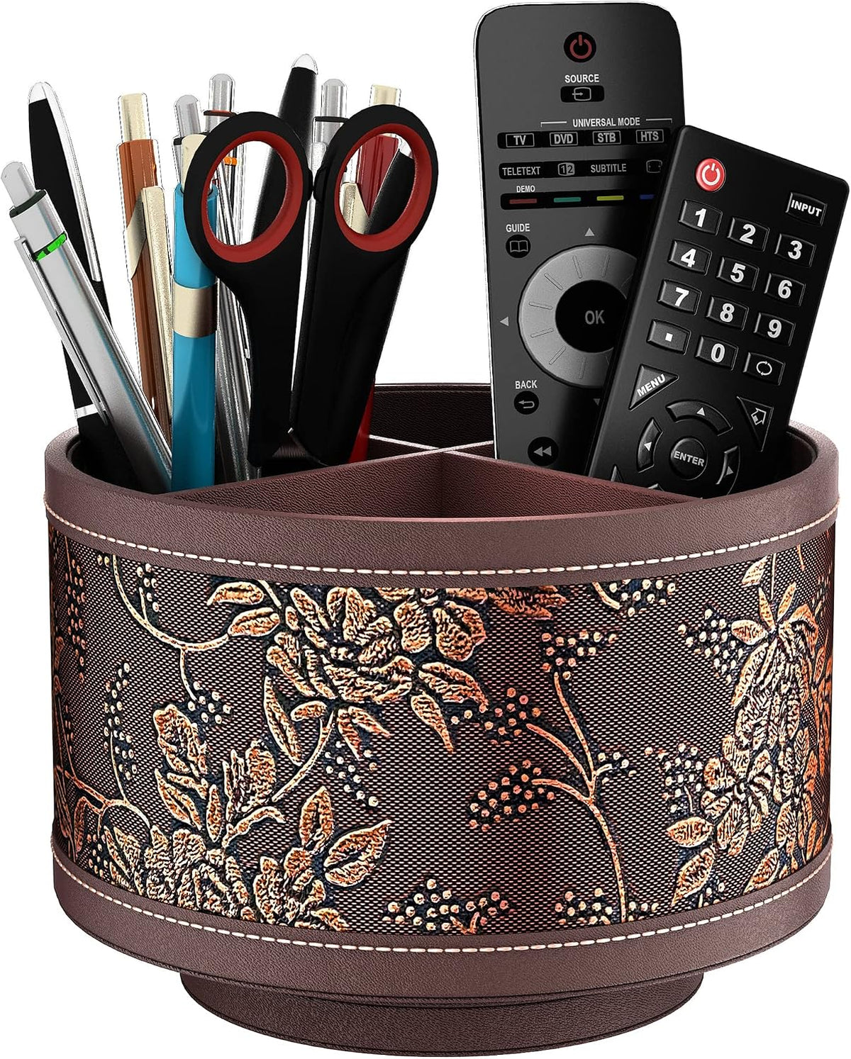 Remote Control Holder, Faux Leather 360° Art Supply Organizer, Multi-Functional Caddy for Remote Controllers, Office Supplies, Perfect Space Saver for End Table/Nightstand/Office Desk(Retro)