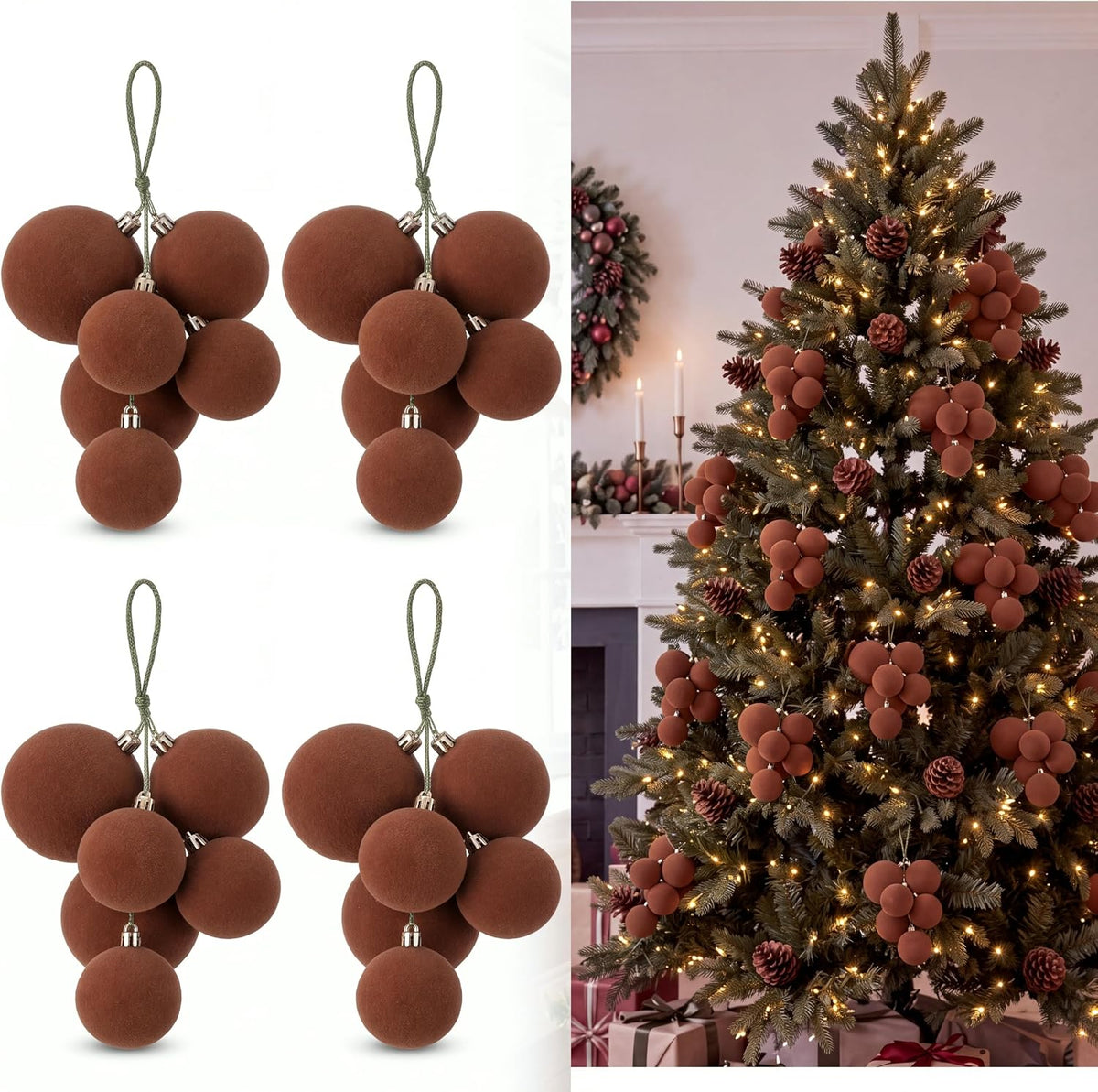 Roowest 4 Sets Large Brown Velvet Christmas Ball Clusters Ornaments Decor