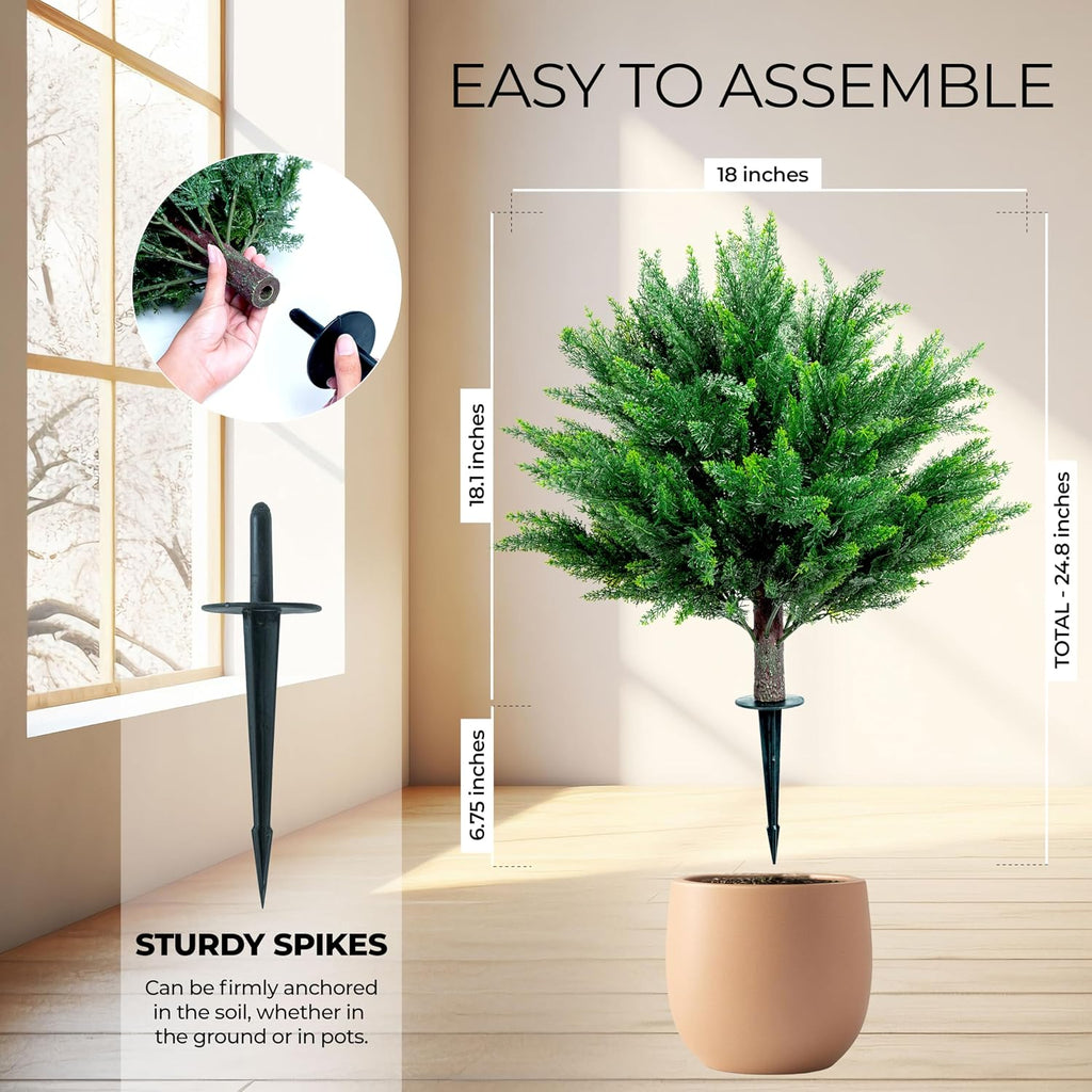 24.8" Artificial Cedar Topiary Tree 2ft (Set of 2) – Faux Cedar Trees for Outdoor Planters with Ground Spike, UV Resistant, Full & Realistic Evergreen Shrubs for Front Porch, Garden, Patio Decor
