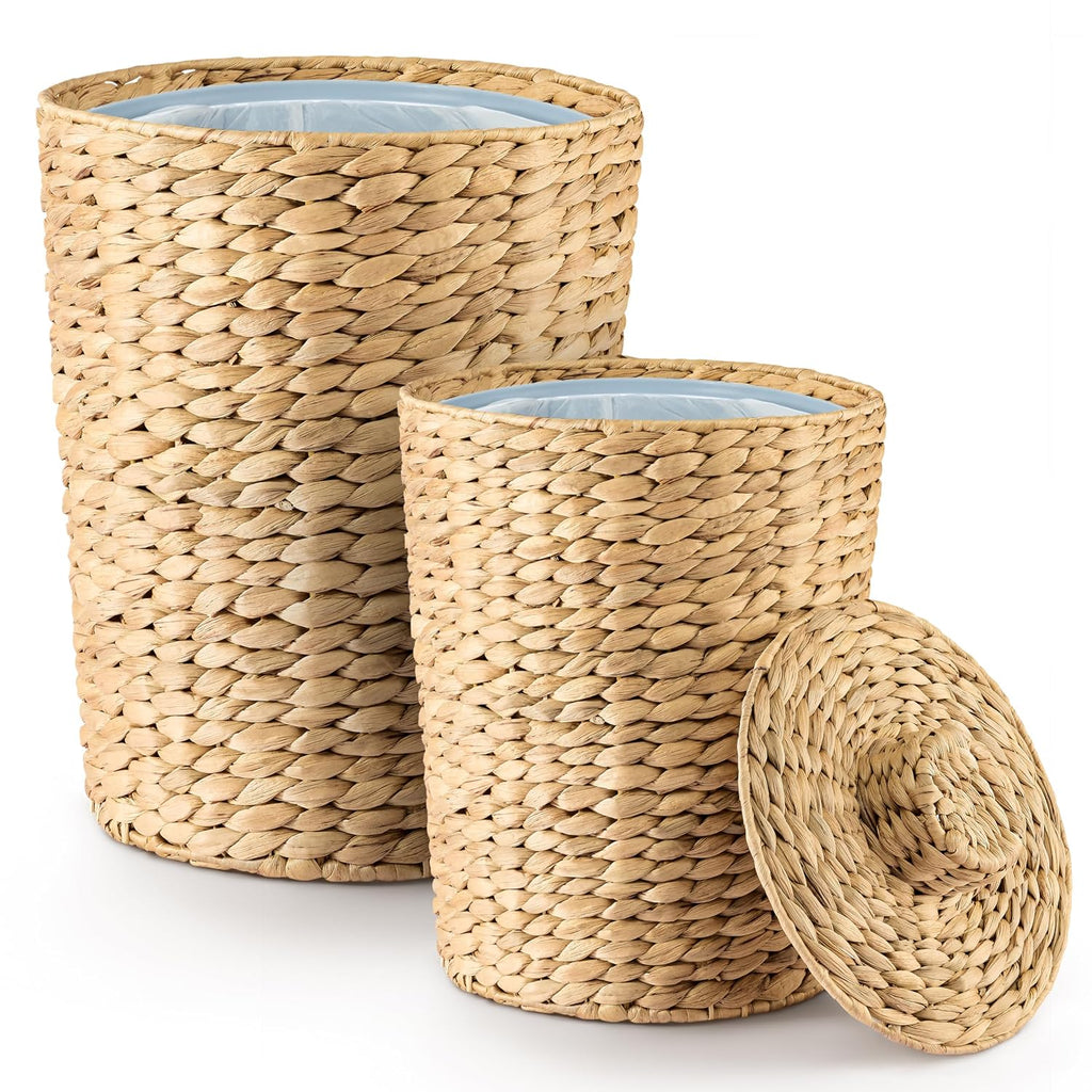 Tidita Set 2 Water Hyacinth Wicker Wastebasket for Bathroom, Lid Included