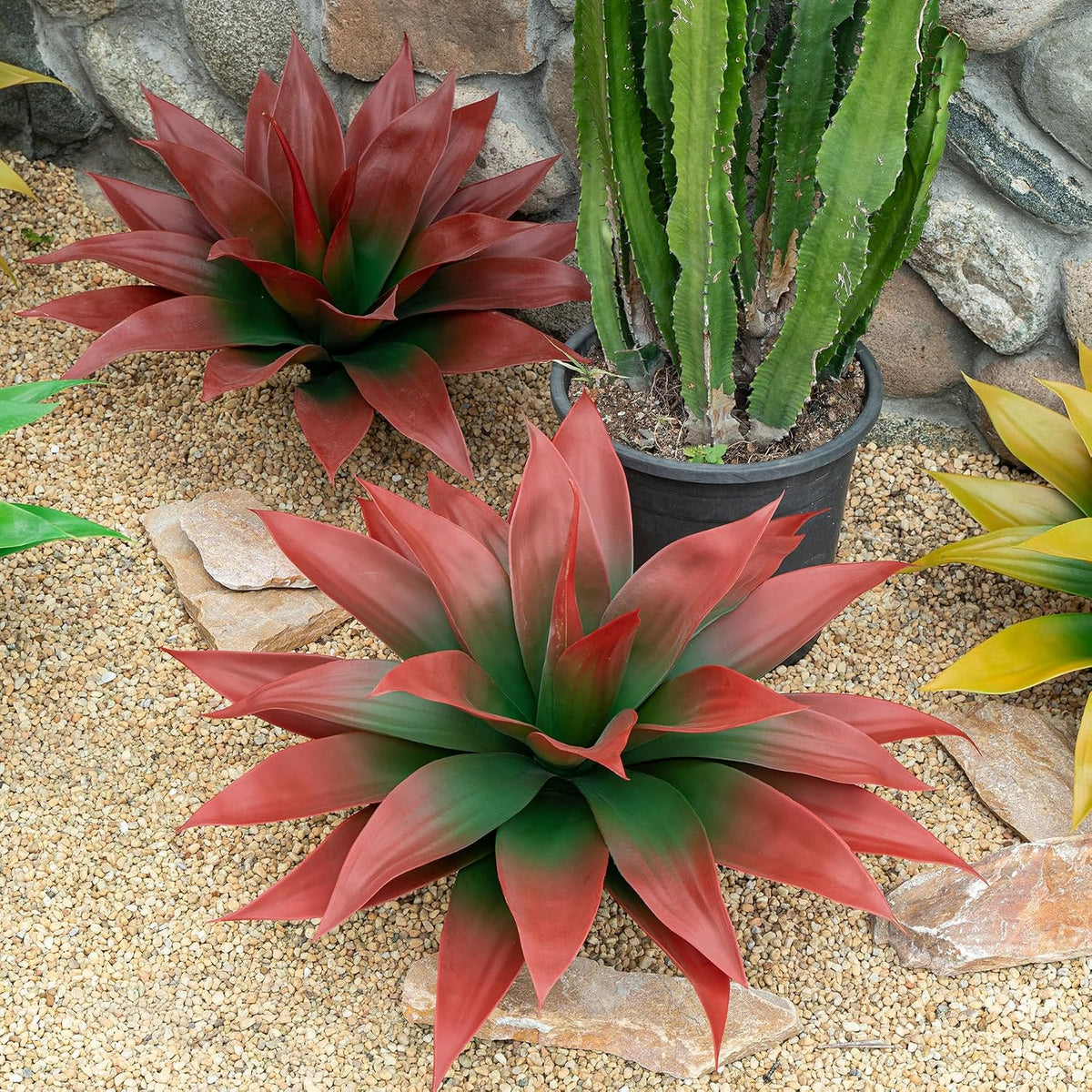 Ttranewsoo 2-Pack 18-Inch Faux Tropical Outdoor Plants, UV Resistant Artificial Agave Plants and Realistic Succulent Greenery for Planters, Porch, Patio, Garden, Entryway and Home Decor, Red