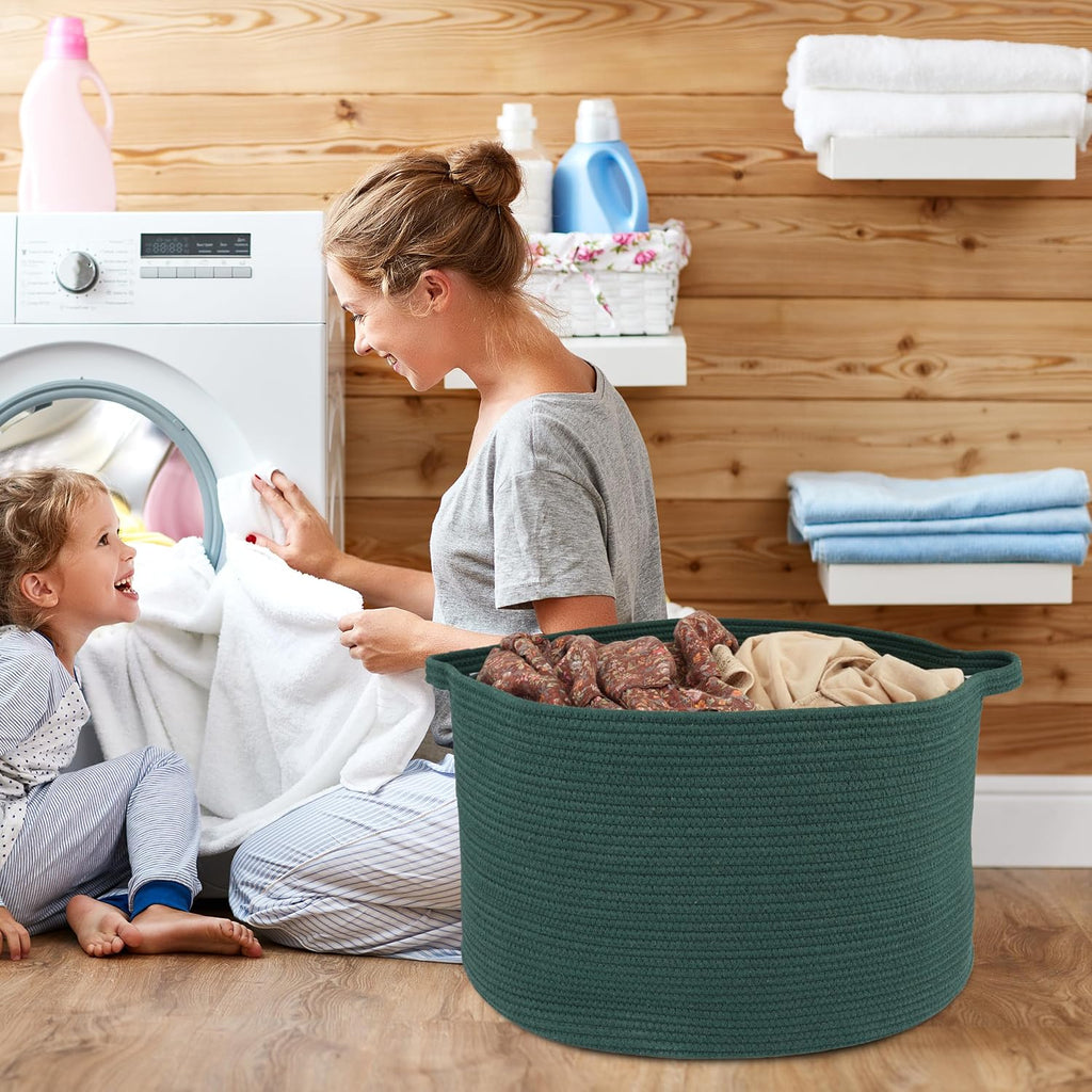XUANGUO Extra Large Cotton Rope Round Storage Basket 22" x 14" Dark Green
