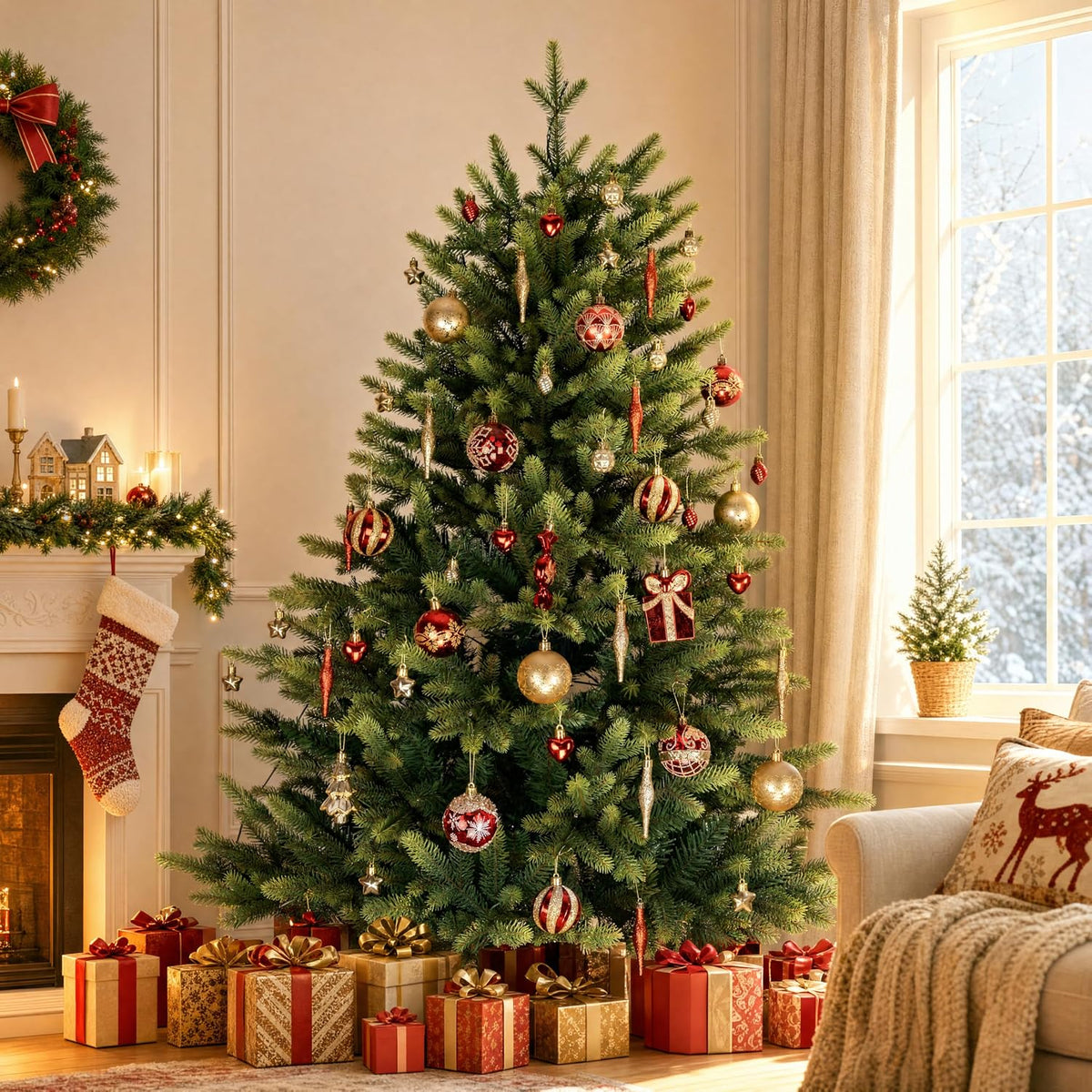 46PCS Christmas Ornament Set, Red and Gold Christmas Tree Decor