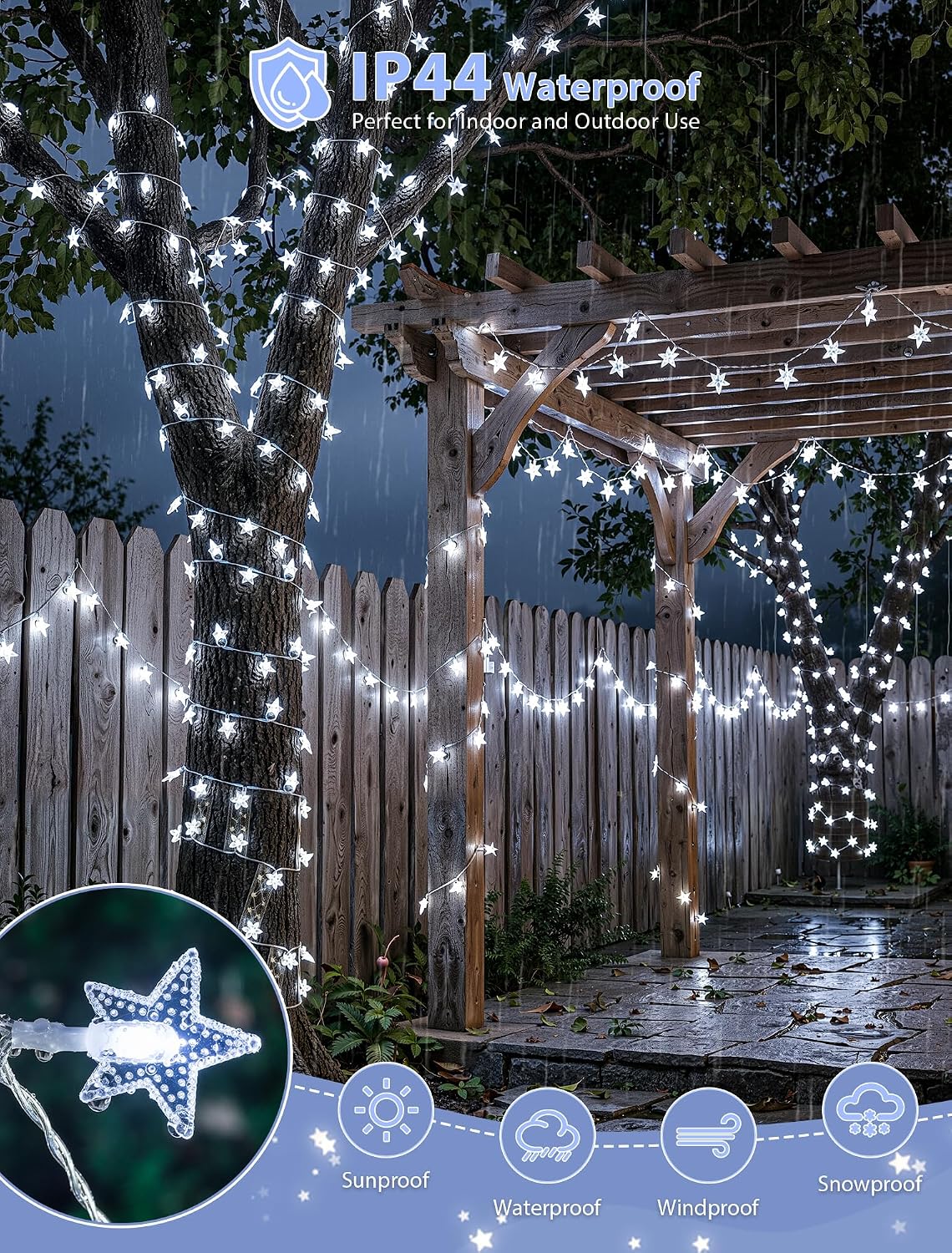 19FT 50 LED White Star String Lights, Battery & USB Powered