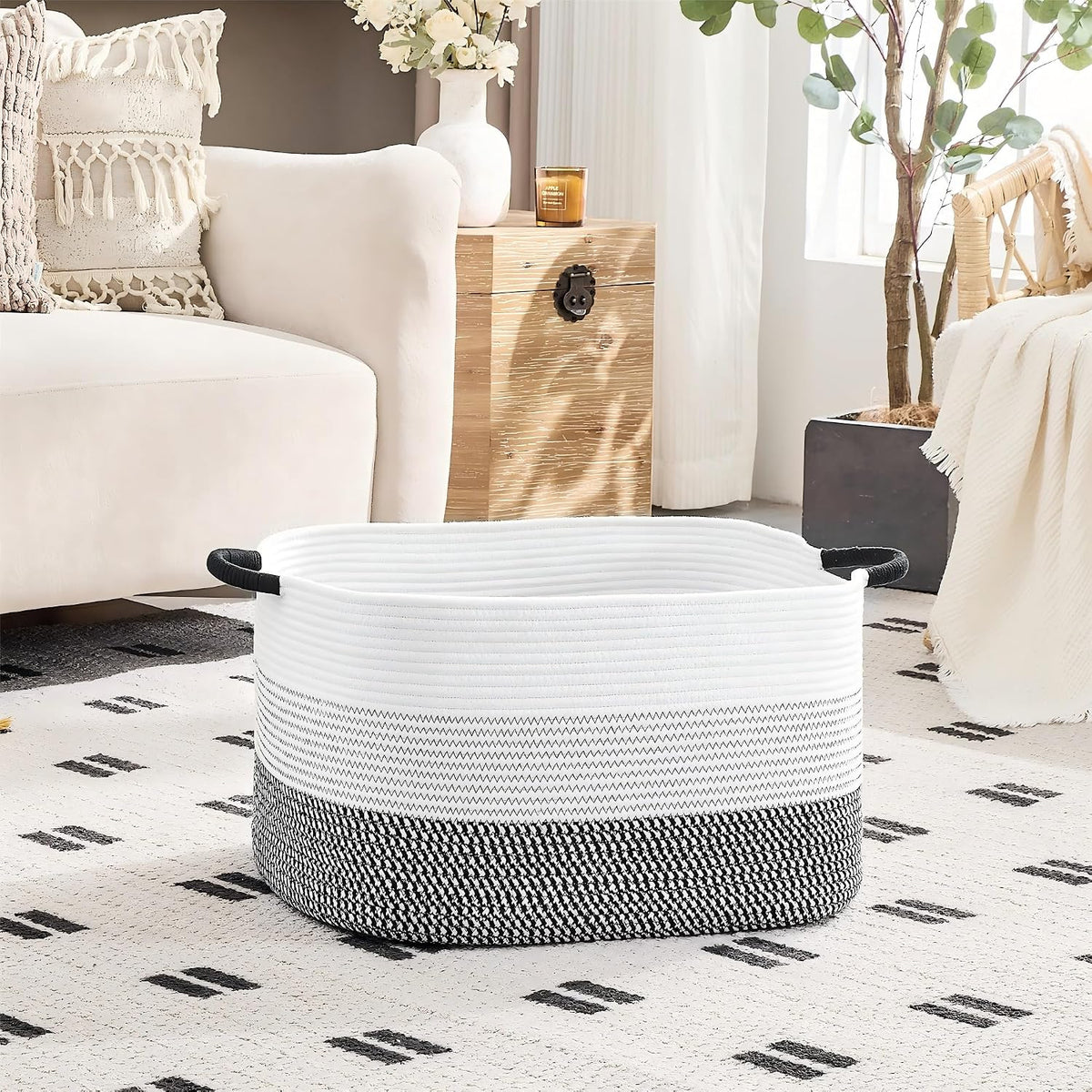 Large Blanket Basket, 75L Woven Rope Storage Basket 22x17x12 in