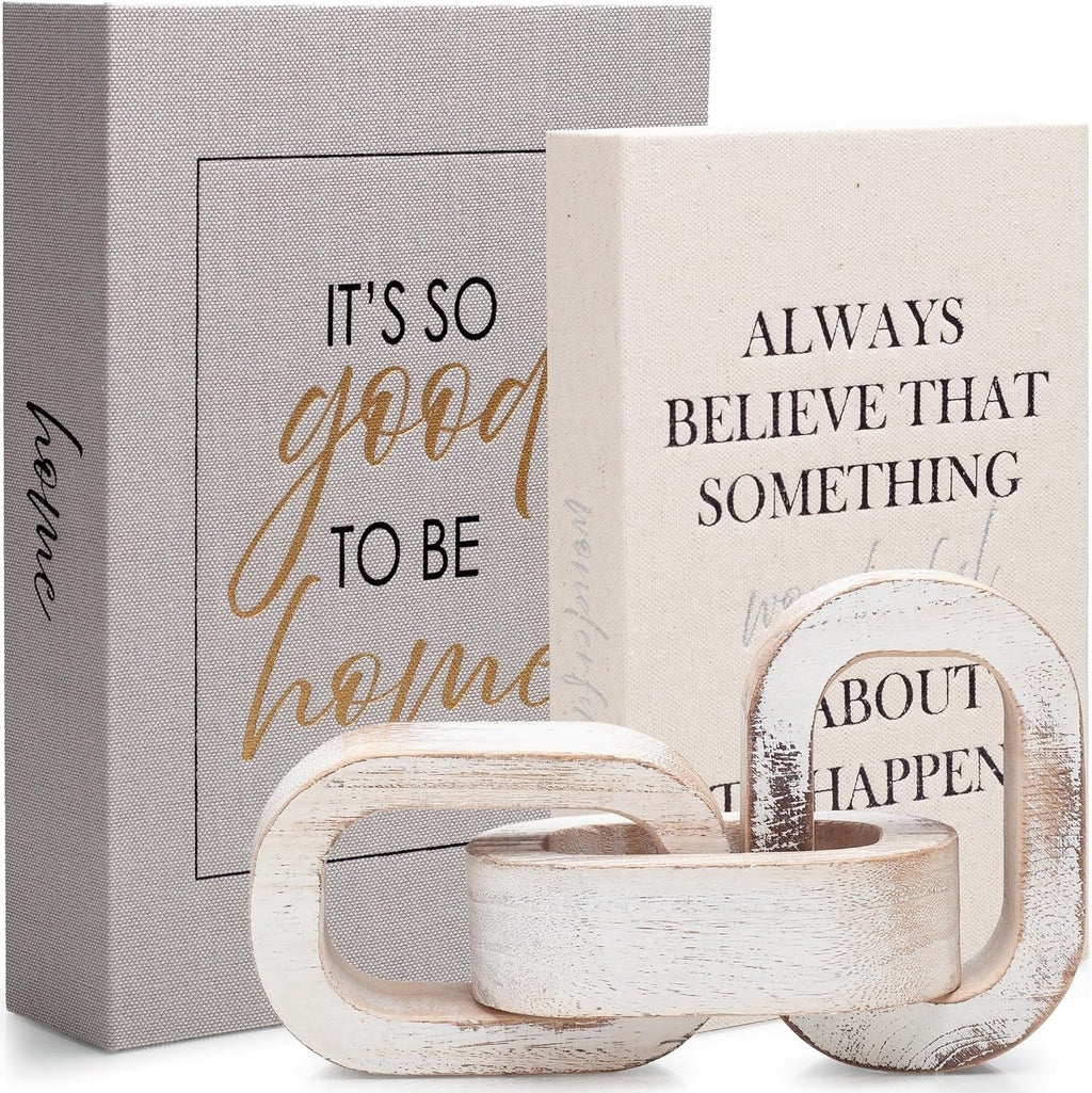 Modern Decorative Books Set of 2 Premium Linen Hardcover Faux Book Box with Reliable Magnetic Closure & Paulownia Wooden Chain