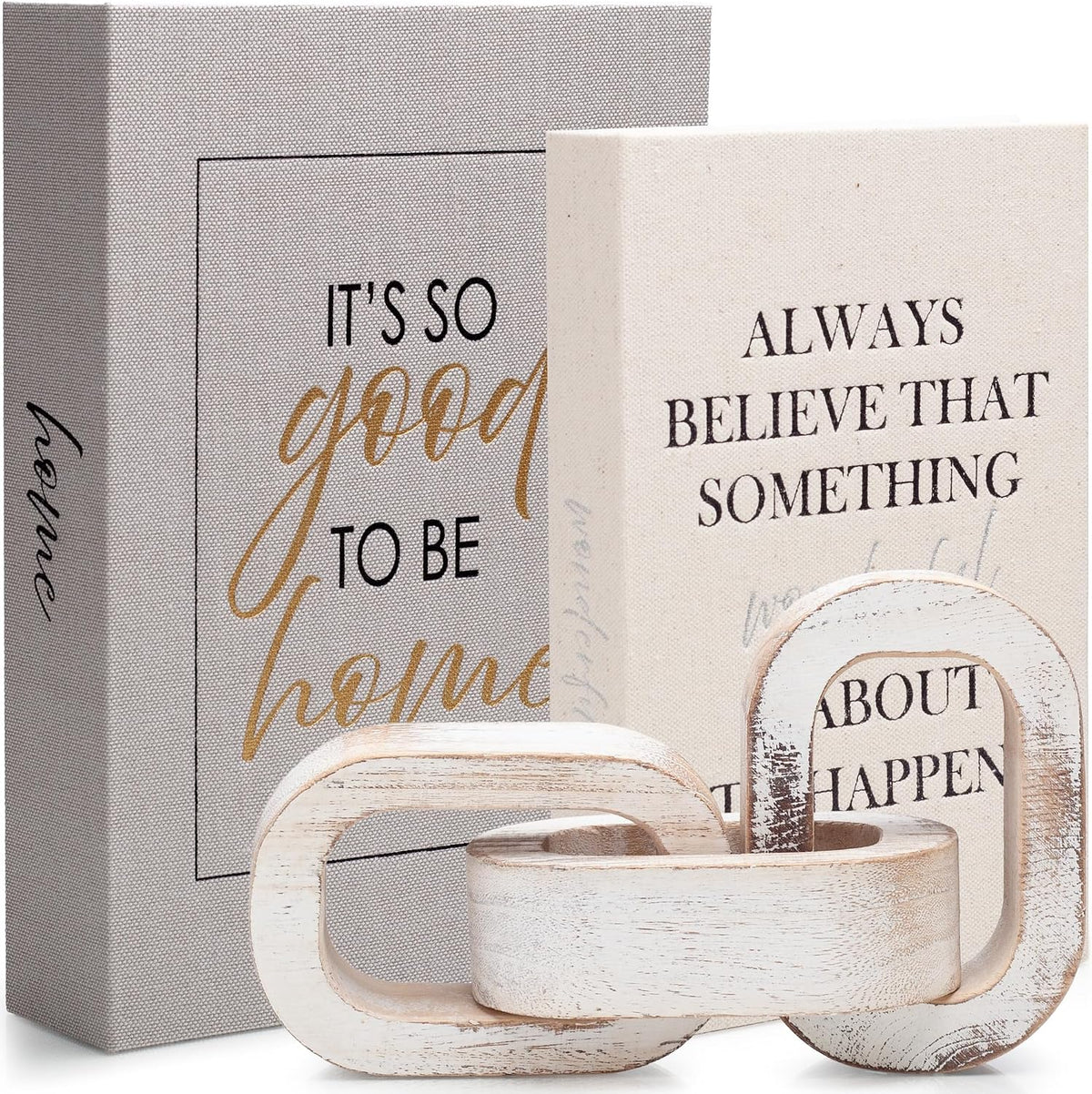Modern Decorative Books Set of 2 Premium Linen Hardcover Faux Book Box with Reliable Magnetic Closure & Paulownia Wooden Chain