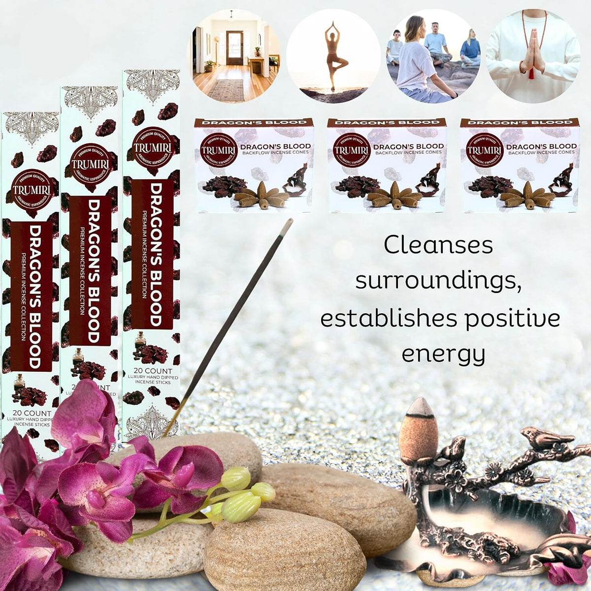 Dragons Blood Incense Sticks & Backflow Cones for Waterfall - 60 Sticks + 30 Cones - Waterfall Incense Combo Pack