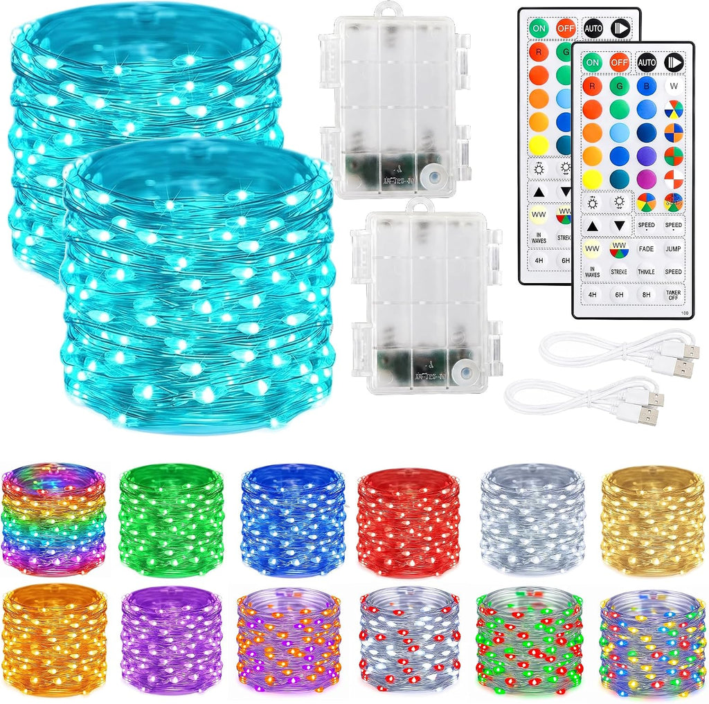 Dazzle Bright Color Changing Fairy Lights Battery Operated, 2 Pack Total 40FT 120LED Silver Copper Wire RGB String Lights with Remote, Waterproof Halloween Decorations for Indoor Outdoor Party Decor