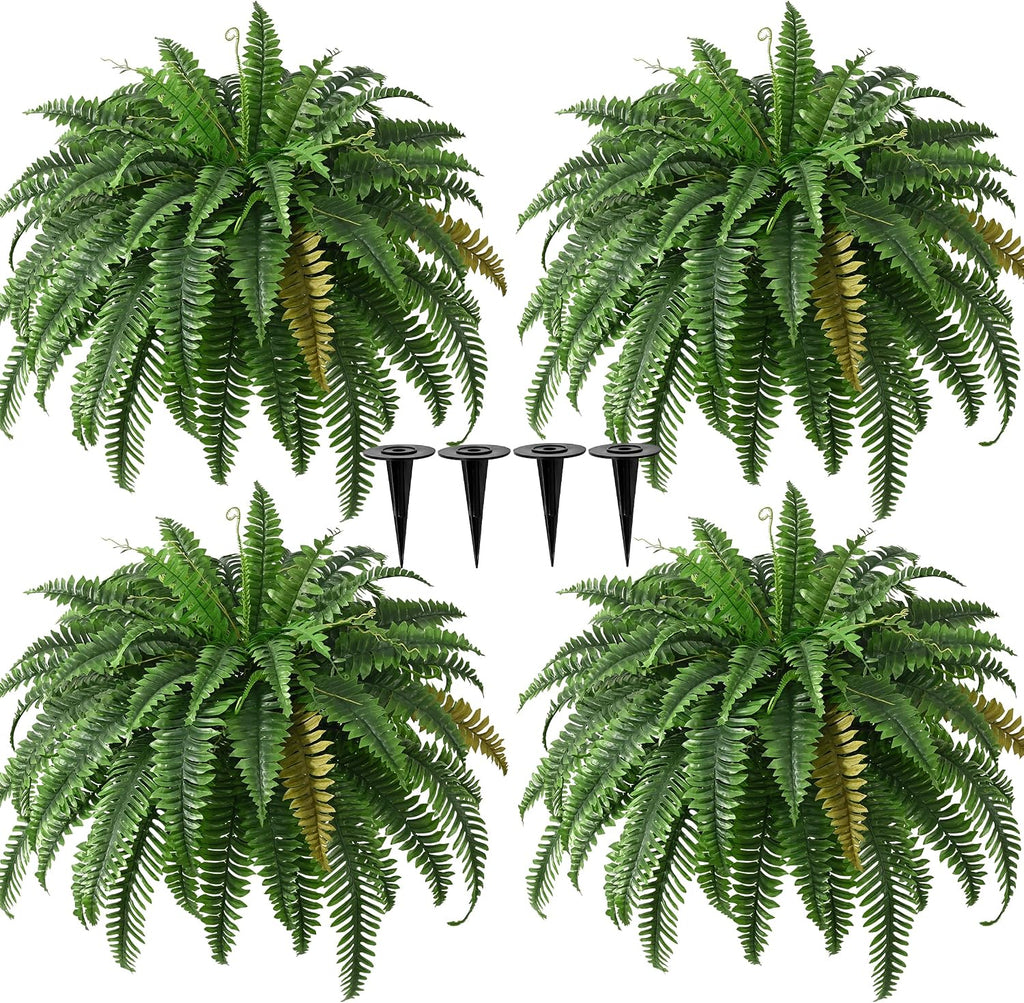 4PCS 45in Fake Ferns- Outdoor Faux Plants, Large UV Resistant Artificial Ferns for Outdoors, Weatherproof Faux Boston Fern Realistic Fake Artificial Plant for Porch Home Garden Patio Hanging Decor