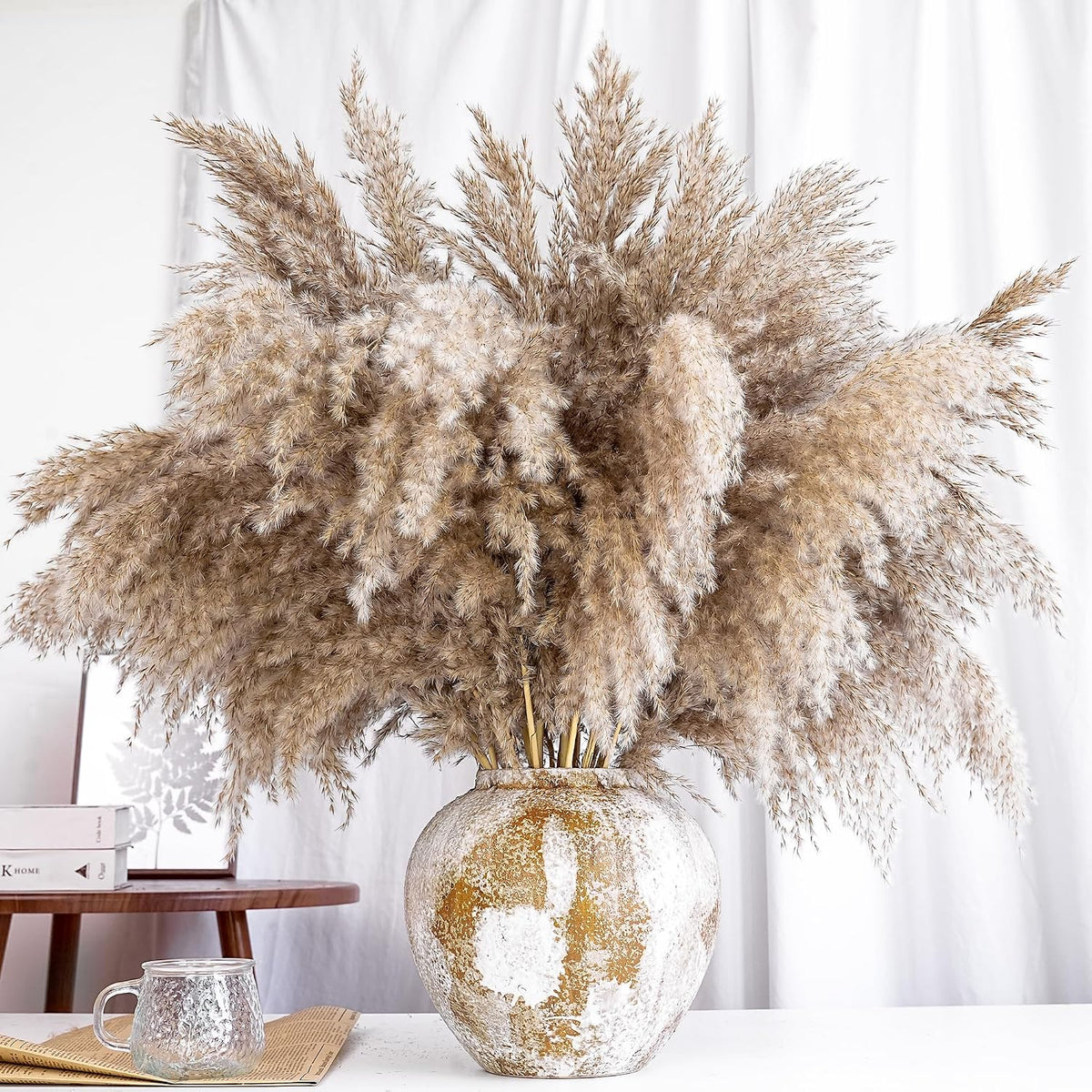 40 PCS Nature Pampas Grass Bouquet Decor - Boho Flowers and Feathers for Centerpieces, Perfect for Floor Vase Fillers, Home Decor, Living Room, and Wedding Decor