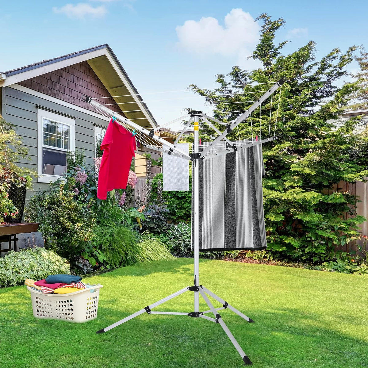 JS HANGER Drying Natural Clothes Airer Outdoor Portable 4-arm Aluminum Drying Rack w/Ground Stake, Carry Bag, 28-Lines with 65 ft. Umbrella Clothesline